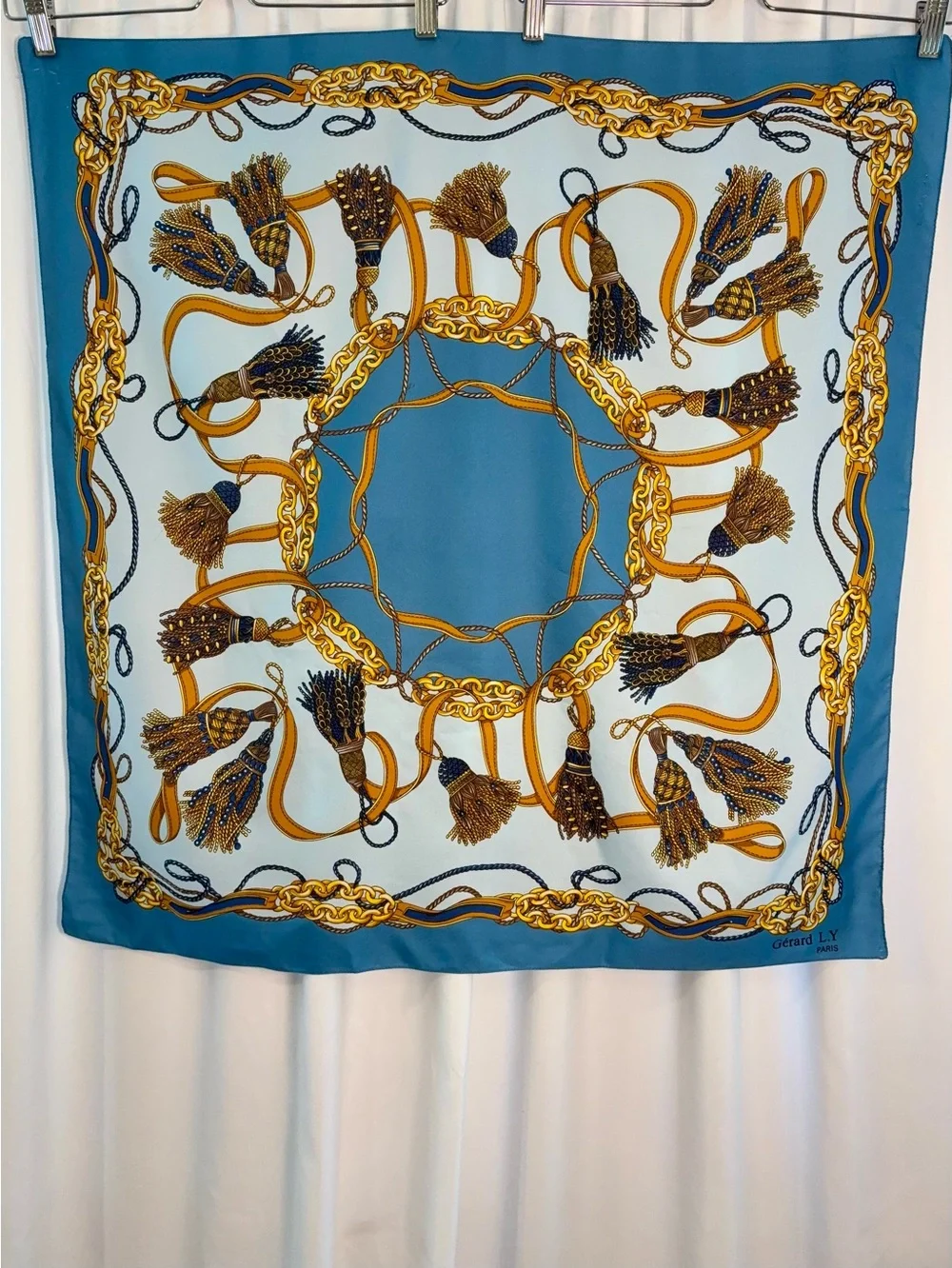 Vintage 90s Gérard L.Y. Paris Silk Scarf Blue Gold Tassel Chain 30x30